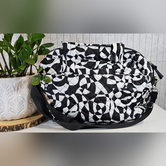 Black White Quilted Satchel Tote Bag with Shoulder Strap - Picture 2 of 2